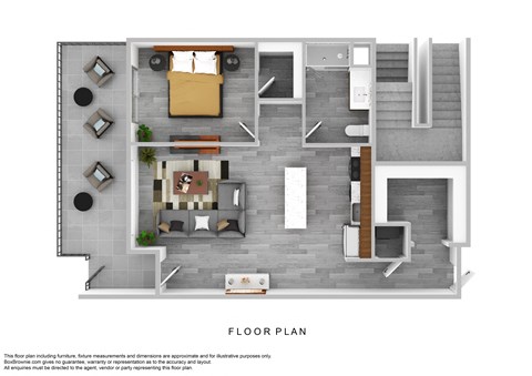 A floor plan of a house with furniture and appliances.